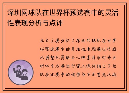 深圳网球队在世界杯预选赛中的灵活性表现分析与点评