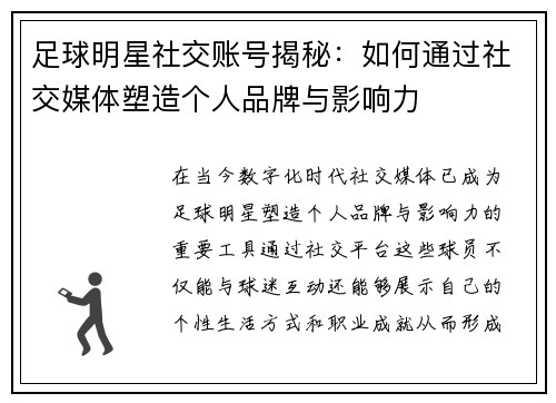 足球明星社交账号揭秘：如何通过社交媒体塑造个人品牌与影响力